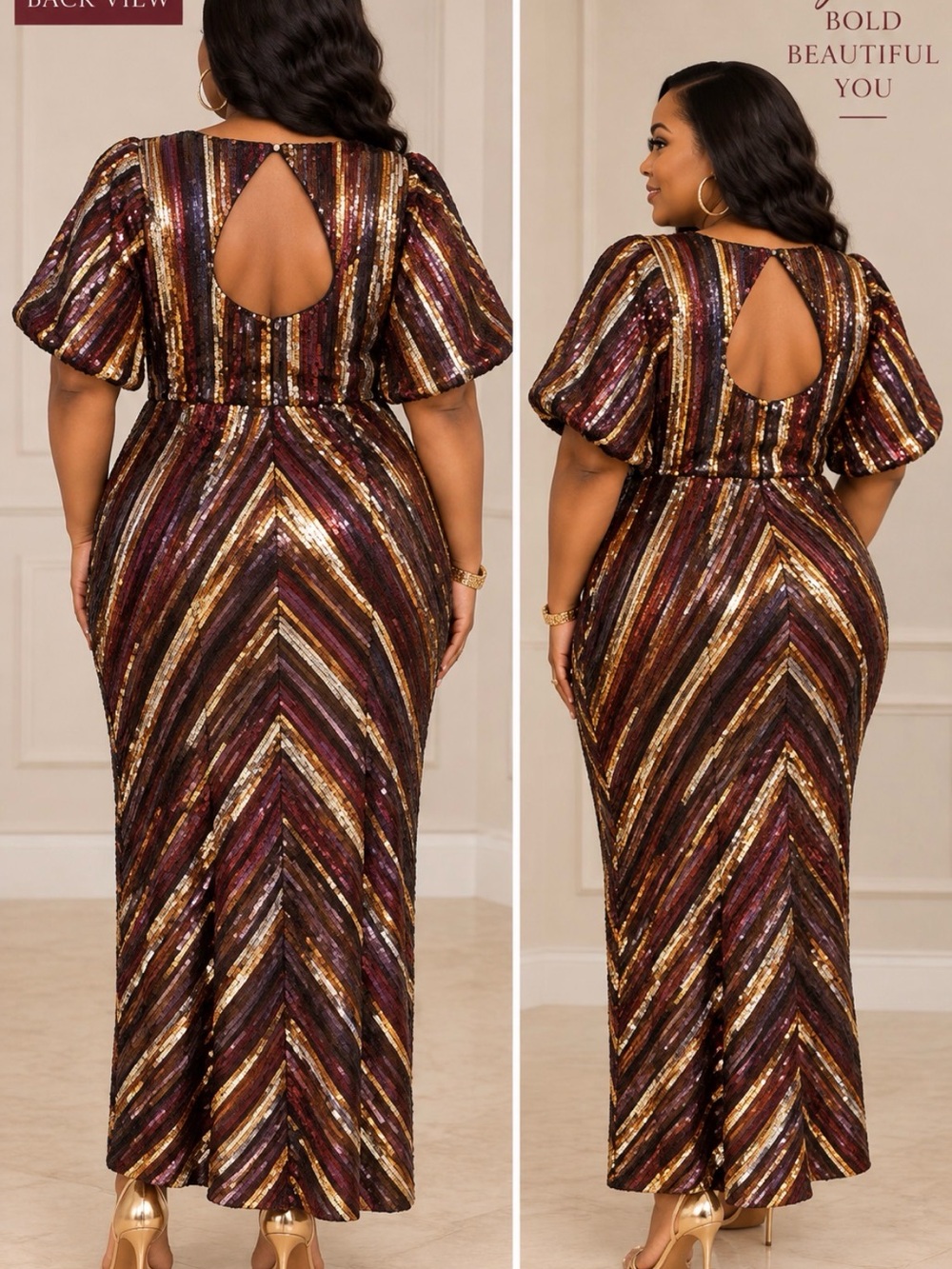 Eloquii Burgundy, Gold & Brown Striped Sequin Midi Dress - Picture 2 of 5